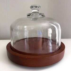 “Good Wood” Glass Dome Cheese Plate / Cake Stand with Wood Base